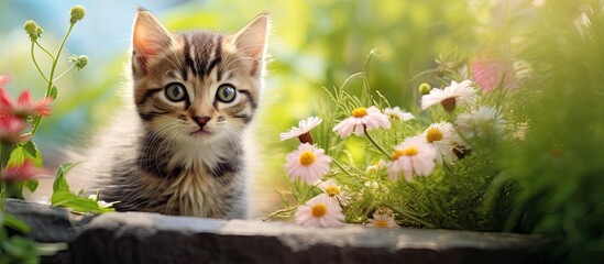 Wall Mural - a cute tabby kitten exploring a vibrant summer garden with plenty of space for a copy space image