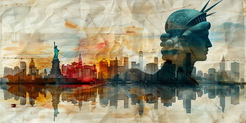 Sticker - Statue of Liberty and New York city. Double exposure, contemporary art