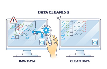 Data cleaning and raw information removing from storage outline diagram, transparent background. Labeled scheme with before and after examining database and sorting files illustration.