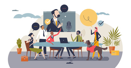 Wall Mural - Diversity and inclusion in workplace with work employees tiny person concept, transparent background. Different individuality, genders, personality, style and ethnic members in office illustration.
