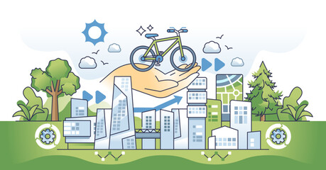 Wall Mural - Green commute and nature friendly transportation outline hands concept, transparent background. Sustainable mobility solutions for carbon free urban area or residential city illustration.