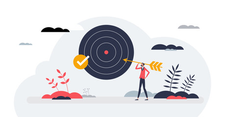 Wall Mural - Goal setting as effective objective achievement plan tiny person concept, transparent background. Successful leadership and business management result illustration.