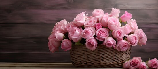 Wall Mural - A beautiful bouquet of pink roses arranged in a basket with a copy space image set against a wooden background