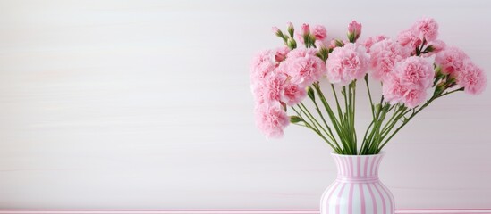 Wall Mural - A copy space image of pink carnations displayed in a vase with stripes against a white wall