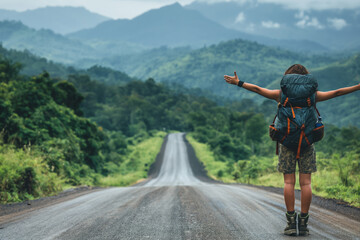 Young solo backpacker thumbing a ride on remote mountain road 