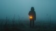 © Saim Art - Person standing in the fog with holding lantern in night time