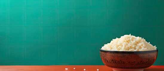 Wall Mural - A delicious bowl of cooked rice placed on a colorful background with room for text Copy space image