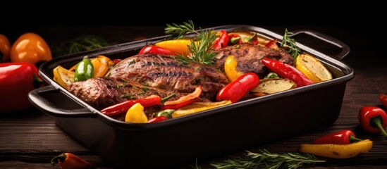 A baking dish holds fresh roasted meat garnished with peppers tomatoes and spices The image has copy space