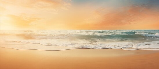 Wall Mural - Picture a serene beach scene with golden sand and soft light creating a calming and picturesque background. with copy space image. Place for adding text or design