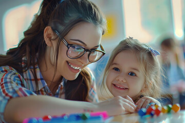 Female teacher helping to cute little girl