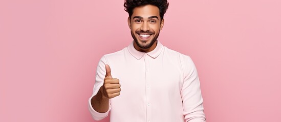 Wall Mural - excited young hispanic man with a happy smile stands over a pink background pointing with open palms