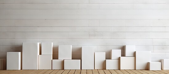 Close up of a group of cardboard boxes arranged against a copy space image of a white wooden wall
