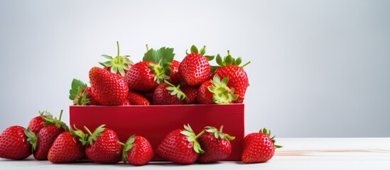 Poster - A close up copy space image showcasing a box of ripe strawberries on a light background evoking the fresh and vibrant essence of summer berry harvest stored in a drawer