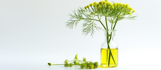 Wall Mural - Copy space image of a bottle of essential oil and fresh dill placed on a white table with room for text