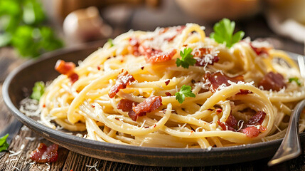 A mouth-watering plate of spaghetti carbonara garnished with crispy bacon and fresh parsley. The creamy sauce and parmesan cheese enhance the traditional Italian flavors