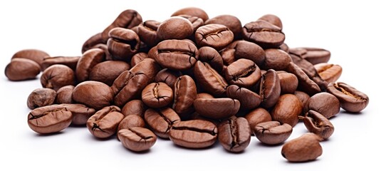 Wall Mural - The macro image of isolated roasted coffee beans against a white background offers a textured backdrop with plenty of copy space for accompanying text