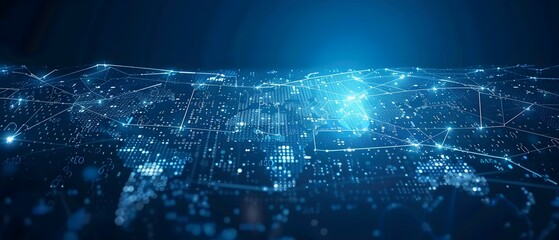 Wall Mural - abstract digital world map on blue background with binary code and global network connection technol