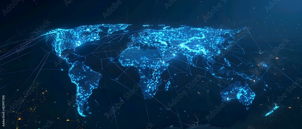 Abstract digital world map on blue background with binary code and ...