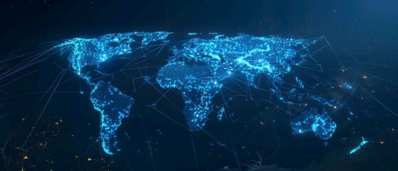 Wall Mural - abstract digital world map on blue background with binary code and global network connection technol