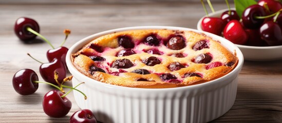 Wall Mural - a homemade cherry clafoutis a traditional french dessert is displayed on a white baking dish placed 