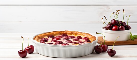 Wall Mural - a homemade cherry clafoutis a traditional french dessert is displayed on a white baking dish placed 