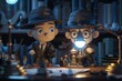 © AshrofS - Two animated detectives in vintage attire investigate clues using a lantern and magnifying glass in a dimly lit room with bookshelves.