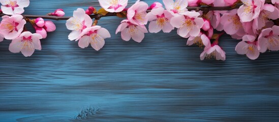 Poster - Close up image of pink almond blossoms blooming in spring with a blue wooden background providing ample copy space