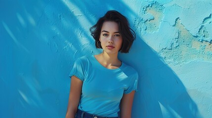 Poster - fashion portrait of a natural beauty young woman standing against a blue summer wall