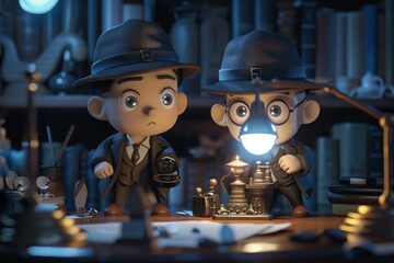 two animated detectives in vintage attire investigate clues using a lantern and magnifying glass in 