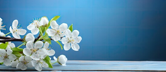 Wall Mural - a blossoming branch of an apple tree against a copy space image of a blue wooden background