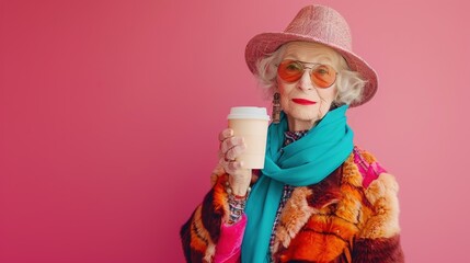 Poster - Fashionable old lady in colorful clothes holding coffee cup on pink background