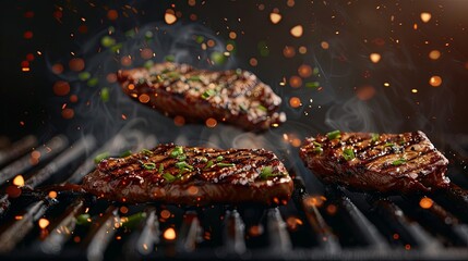 Wall Mural - Grill Pork Chops Beef steaks, realistic 3d brisket flying in the air, grilled meat collection, ultra realistic, icon, detailed, angle view food photo, steak composition