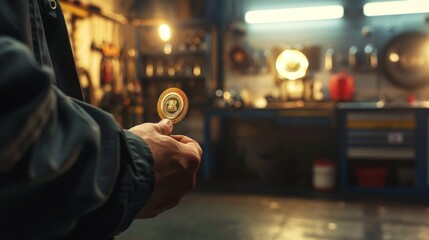 The hand of a mechanic confidently holding a customer service guarantee badge, with a background showcasing a clean and organized auto repair workshop, 