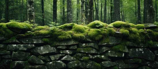 Fototapete - An image of a moss covered stone wall in a serene forest setting. with copy space image. Place for adding text or design