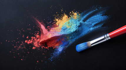 Wall Mural - paintbrush with colorful paint color powder explosion on black background