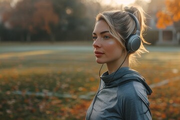 Wall Mural - Sporty girl listening to music with headphones in nature