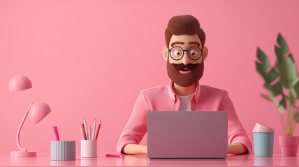 Friendly 3D software developer working on a laptop