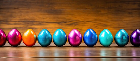 Wall Mural - colorful easter eggs arranged on a wooden surface providing a background for adding text. with copy 
