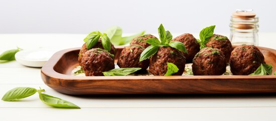 Wall Mural - delicious basil infused meatballs beautifully presented on a white table offering a wide surface for