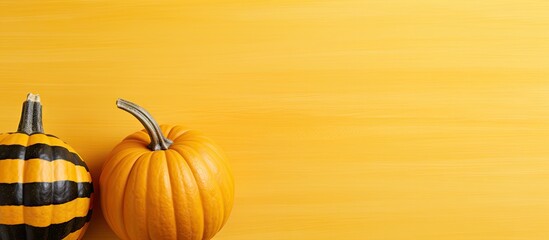 Wall Mural - autumn themed flat lay with a small striped pumpkin placed on yellow paper the image conveys the ess