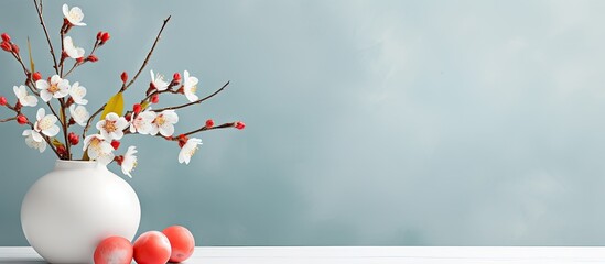 Poster - A front view of a white modern vase with a branch adorned with Easter eggs makes for an Easter background with ample space for a greeting text
