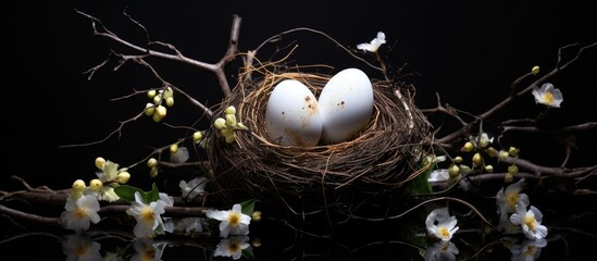 Wall Mural - a copy space image of a black background with a nest made from branches adorned with white eggs sett