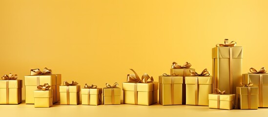 Wall Mural - a festive display of gold gift boxes arranged on a yellow background with plenty of space for additi
