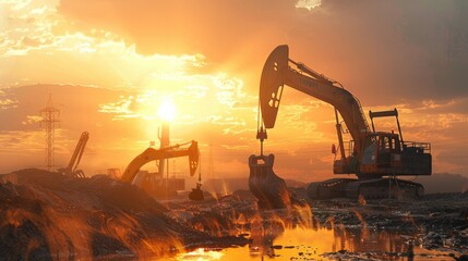 an oil drilling machine working with an excavator helping to dig with sunlight. full resolution