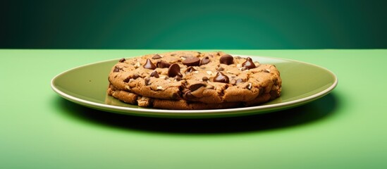 Poster - A delicious cookie with chocolate chips and nuts is displayed on a green plate with plenty of empty space for additional images or text