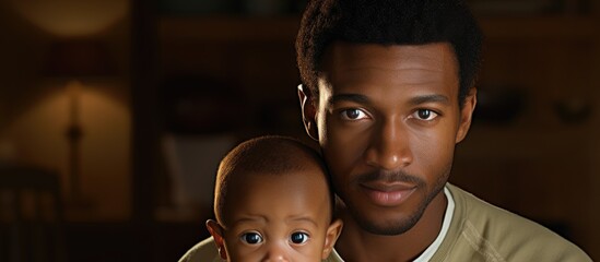 Wall Mural - an african american man holds a cute mixed race baby both looking directly at the camera inside a co