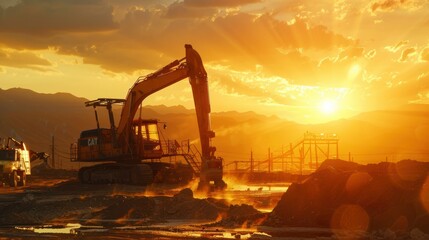 an oil drilling machine working with an excavator helping to dig with sunlight. full resolution