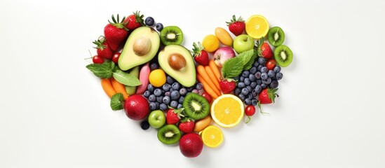 Poster - High resolution product photograph of a heart shaped food composition made from various fruits and vegetables set against a white background with empty space for text. with copy space image