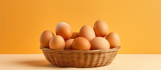 Wall Mural - a basket holds brown chicken eggs on a light yellow background this copy space image showcases fresh