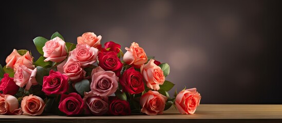 Wall Mural - closeup of a table displaying a bouquet of beautiful fresh roses with copy space image
